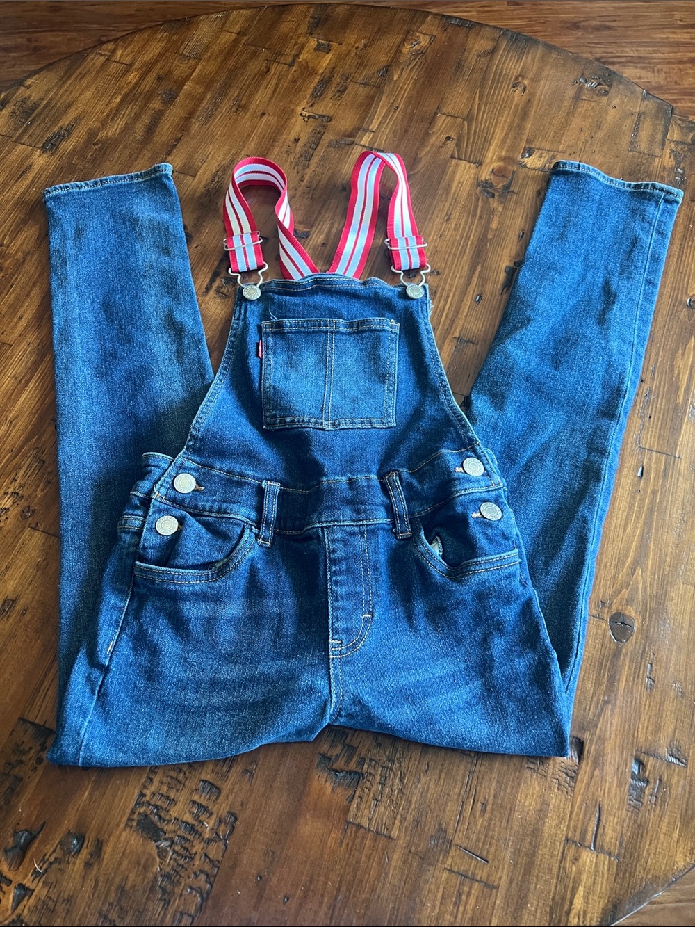 Adorable denim overalls size 10 flashy red straps